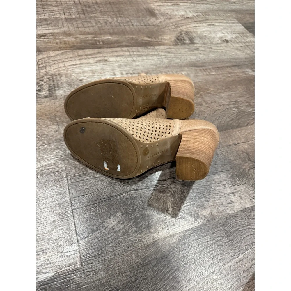 Lucky Brand Tan Perforated Leather Peep Toe Block Heel Booties Ankle Boots